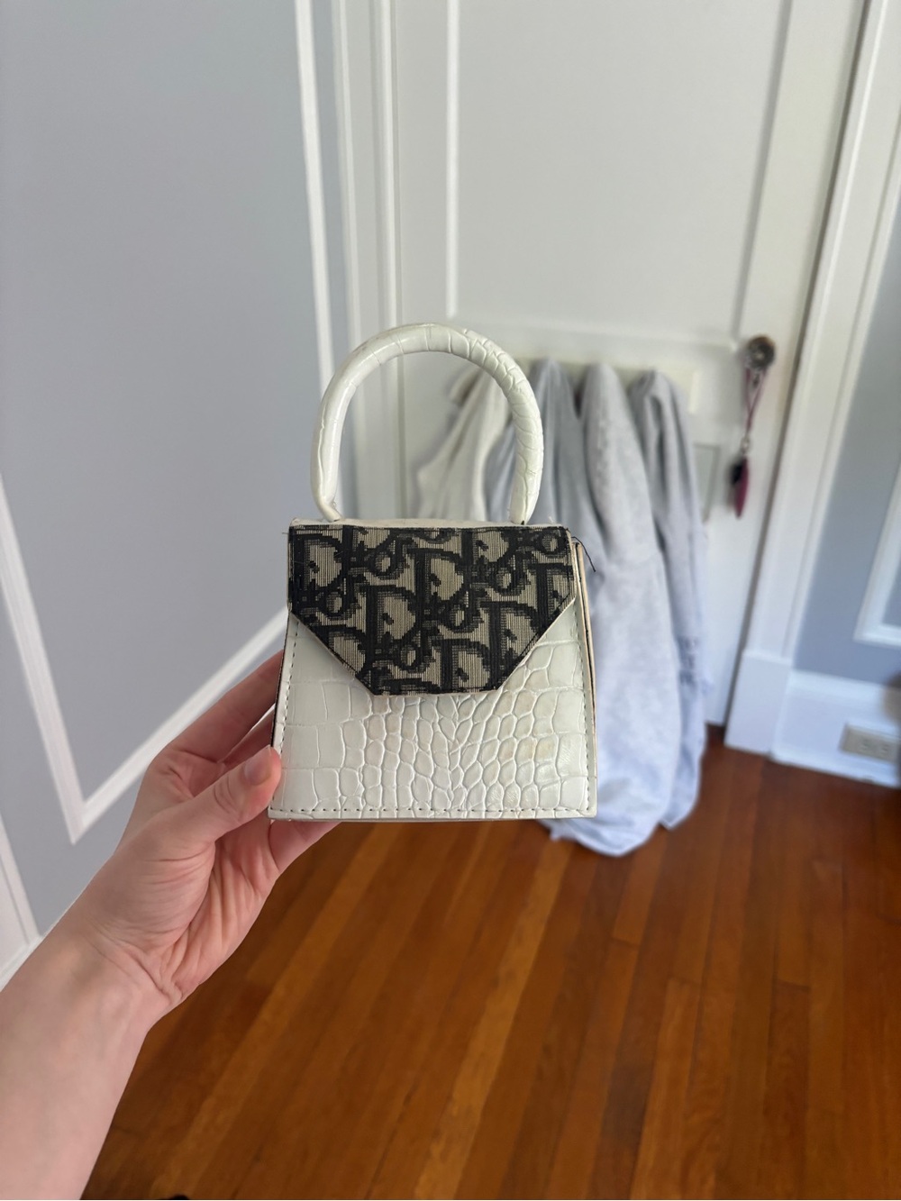 Dior White Croc-Effect Mini Top-Handle with Black Monogram Flap